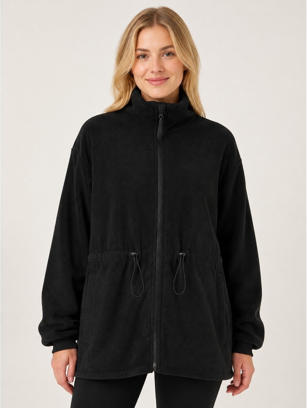 Halara Black Fleece Full Zip Drawstring Waist Jacket Size Large
